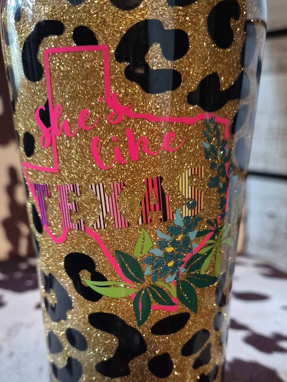 She's Like Texas Glitter Leopard Travel Tumbler - Gold